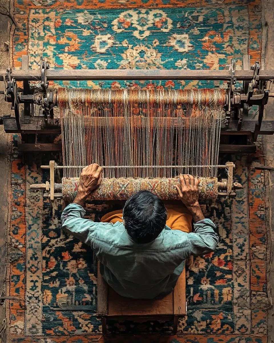 Master weaver at handmade rug loom — craftsmanship behind luxury carpet brands